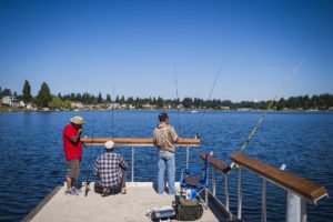 Fishing from the dock at Lake Meridian in Kent, Washington