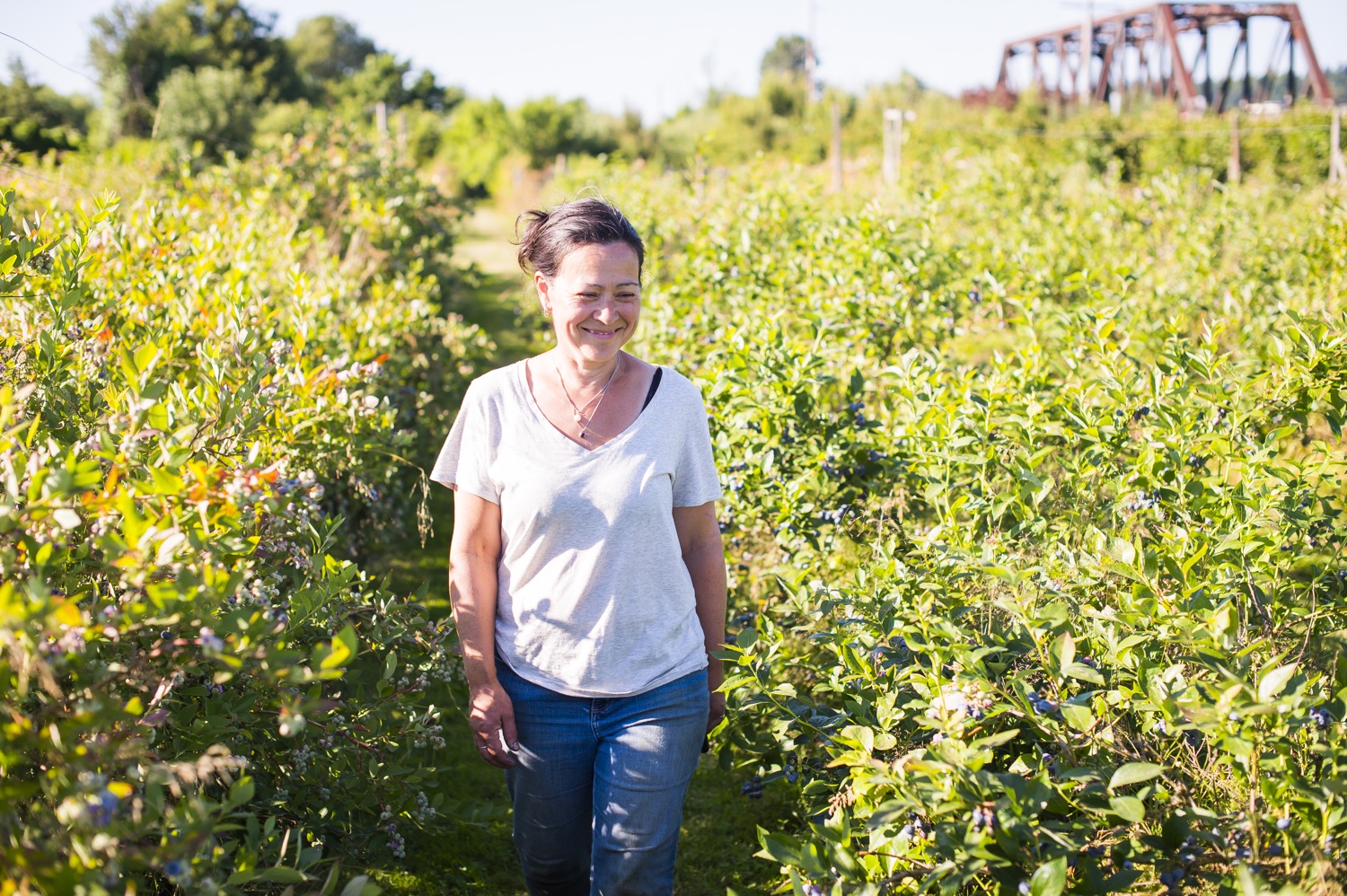 Photo of woman walking through berry fields at Sidetrack Distillery.