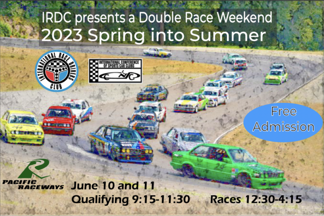 Event banner with info that shows image of cars racing at Pacific Raceways.